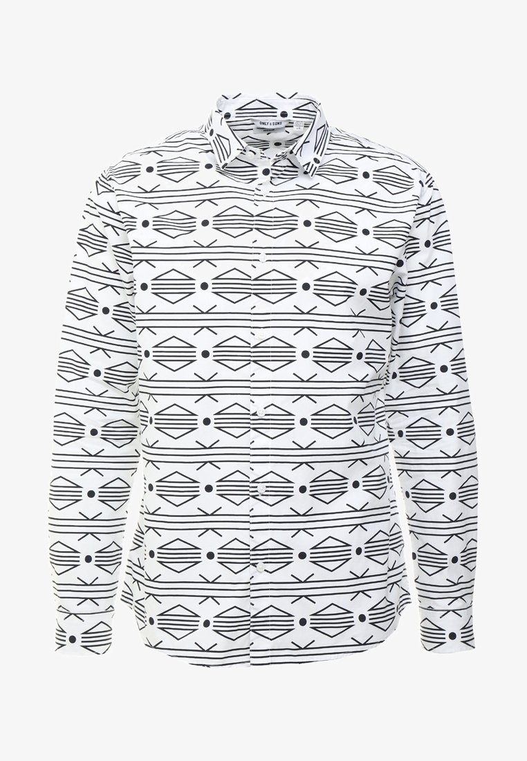 Camicia bianca a maniche lunghe con un motivo geometrico nero di diamanti, linee e cerchi. Presenta una chiusura con bottoni e colletto.