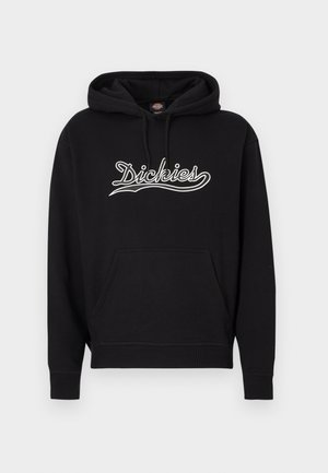 Μαύρο φούτερ με κουκούλα, μπροστινή τσέπη καγκουρό, ριμπ μανσέτες και λευκό κεντητό λογότυπο "Dickies" στο στήθος.