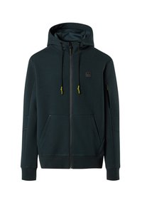 Felpa con zip di colore verde scuro realizzata in tessuto morbido, con logo frontale, cappuccio regolabile con cordini e due tasche frontali.