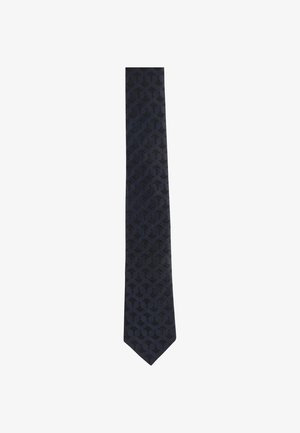 Dunkelmarineblaue Krawatte mit einem subtilen schwarzen Blumenmuster, das im gesamten Stoff eingewebt ist, flach auf weißem Hintergrund dargestellt.