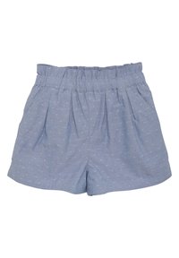 Blå bomullsshorts med elastisk midja, med ett subtilt prickmönster och veck för extra struktur.
