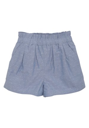 Blå bomullsshorts med elastisk midja, med ett subtilt prickmönster och veck för extra struktur.
