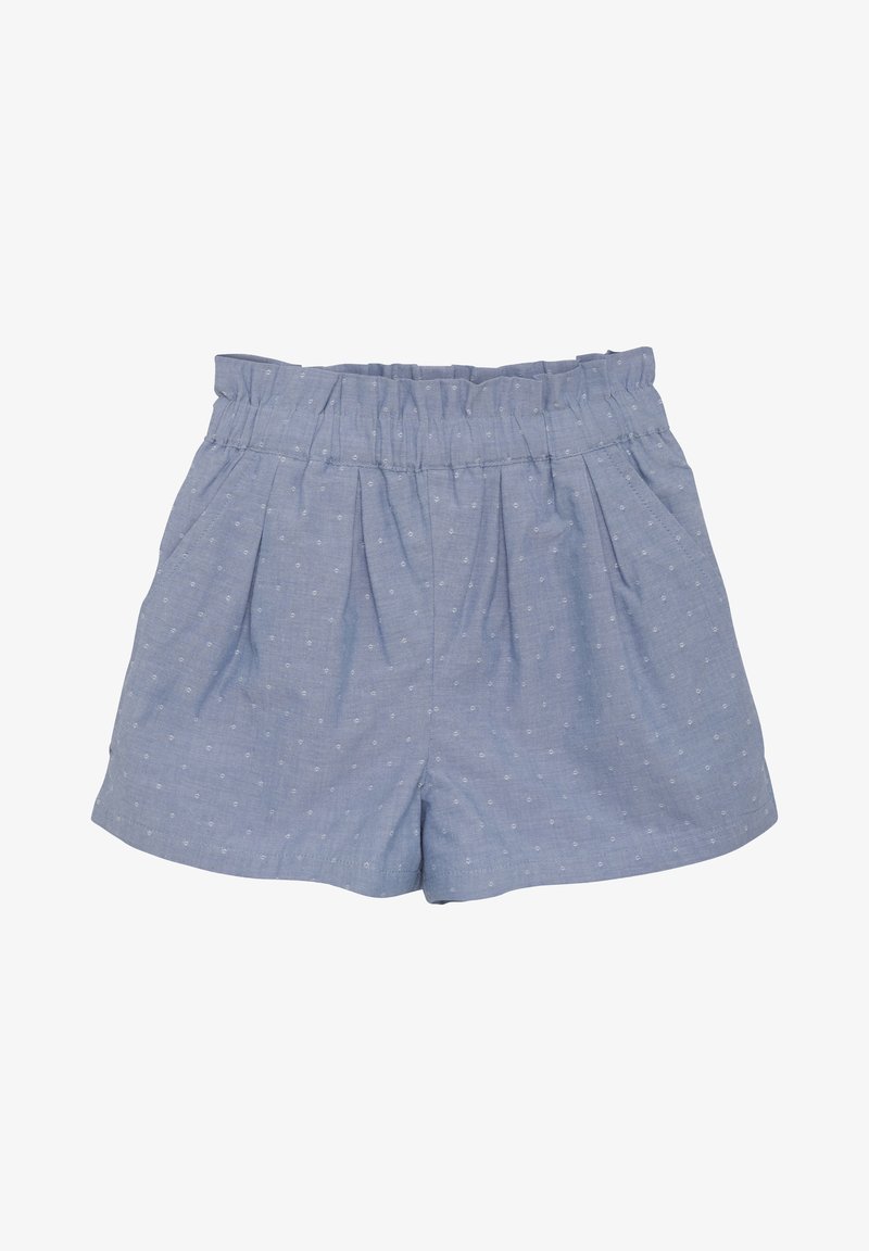 Blå bomullsshorts med elastisk midja, med ett subtilt prickmönster och veck för extra struktur.