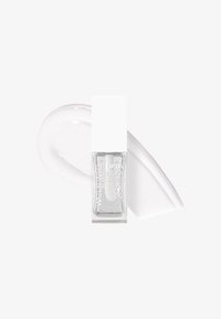 Klart glas läppolje-flaska med ett vitt fyrkantigt lock, pryds av präglad text. En slät, glänsande, genomskinlig olja ligger bredvid.