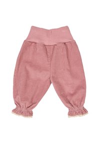 Pink corduroy baby pants with a wide ribbed waistband, elastic cuffs, and lace detailing at the hem. Textured fabric with horizontal ribs.