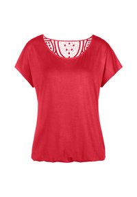 Rotes kurzärmliges T-Shirt mit weitem Ausschnitt und einem kunstvollen Spitzenmuster auf der Rückseite. Weicher Stoff, lockere Passform und glatte Textur.