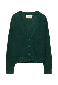 Green knitted cardigan with a V-neck, ribbed cuffs, and hem. Features five matching buttons down the front. Textured fabric.