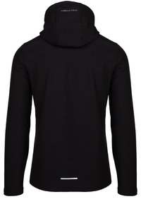 Hoodie noir à manches longues avec une coupe ajustée, présentant un col haut, des coutures sans couture et un accent réfléchissant au bas.