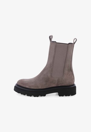Chelsea-Stiefel aus Wildleder in Beige mit elastischen Seitenteilen, abgerundetem Zehenbereich und einer robusten schwarzen Gummisohle. Zwei Zuglaschen für leichtes Anziehen.