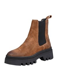 Brown suede ankle boots featuring a black elastic panel, thick black rubber sole, and a textured, chunky tread. Loop tab for easy wear.