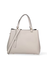 Borsa a mano in pelle beige con due manici superiores e una tracolla regolabile. Superficie texturizzata con accenti in metallo dorato.