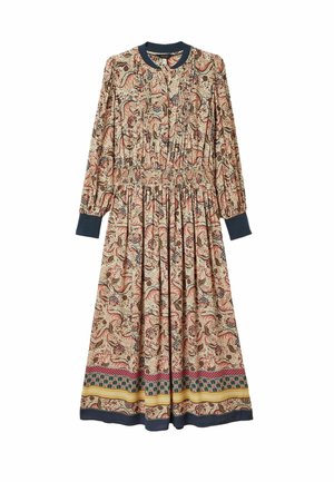 Langärmliges Kleid in Beige mit Paisley-Muster, ausgestattet mit gerafftem Bund und navyfarbigem gerippten Kragen und Bündchen, abgeschlossen mit buntem gemustertem Saum.