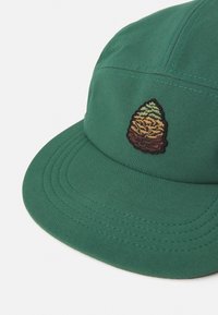 Green fabric cap with a wide brim featuring a multicolored embroidered pinecone patch on the front panel.