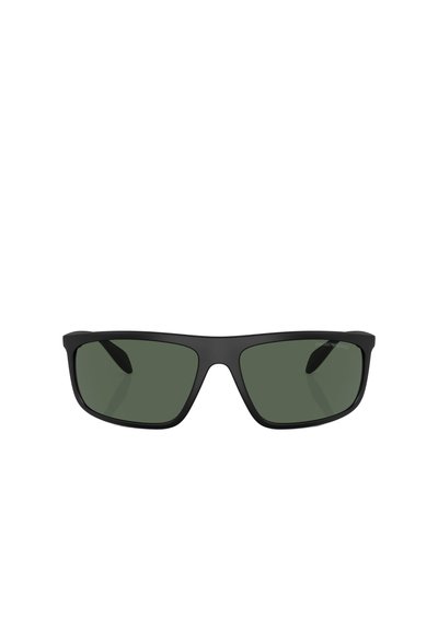 Occhiali da sole neri rettangolari con lenti verde scuro. Presentano una montatura opaca e tempie curve per una vestibilità aderente.