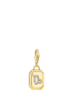 Goldener, rechteckiger Charm mit Karabinerverschluss, versehen mit einem Steinbock-Zeichensymbol, das mit kleinen klaren Kristallen verziert ist.