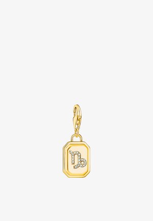 Goldener, rechteckiger Charm mit Karabinerverschluss, versehen mit einem Steinbock-Zeichensymbol, das mit kleinen klaren Kristallen verziert ist.
