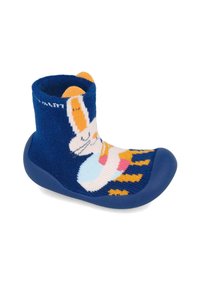 Zapatilla-sock azul y blanca para niños con un diseño de conejo, parte superior de tela texturizada y suela de goma; cuenta con detalles naranjas en las orejas.