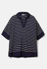 Mörkblå randig polo-t-shirt med V-hals, korta ärmar och kontrasterande ljusa horisontella ränder. Mjuk tyg, avslappnad passform.