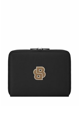 Portefeuille noir à fermeture éclair avec un logo double "B" embossé or-brun au centre devant.