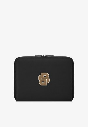 Portefeuille noir à fermeture éclair avec un logo double "B" embossé or-brun au centre devant.
