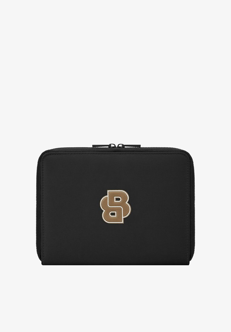 Portefeuille noir à fermeture éclair avec un logo double "B" embossé or-brun au centre devant.
