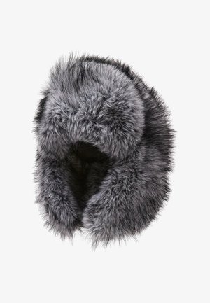 Collo in pelliccia sintetica grigia, caratterizzato da una trama morbida e una forma piena e arrotondata. Il pelo è soffice e denso, con una finitura liscia e uniforme.