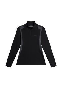 Schwarzer Pullover mit langen Ärmeln und einem Viertelreißverschluss, mit grauen Akzenten auf Schultern und Seiten, aus glattem, dehnbarem Stoff.