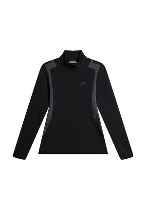 Pullover nero a maniche lunghe con zip a quarti, caratterizzato da dettagli grigi sulle spalle e ai lati, realizzato in tessuto liscio ed elasticizzato.