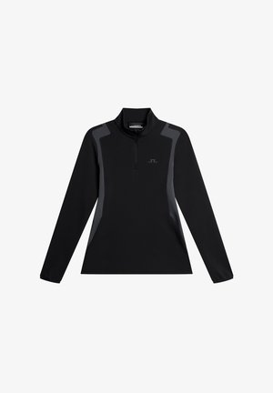 Sort langærmet pullover med en kvart lynlås, med grå detaljer på skuldre og sider, lavet af glat, strækbart stof.