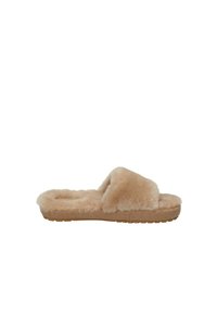 Pantofole beige in finto pelliccia con una texture morbida, punta aperta, soletta imbottita e suola in gomma per una migliore aderenza.