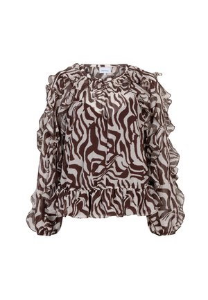 Brown and cream zebra print blouse with ruffles along the sleeves and neckline, featuring a peplum hem for a structured shape. Lightweight fabric.