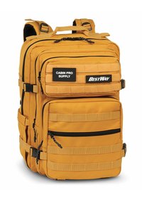 Mochila amarilla con múltiples compartimentos con cremallera, correas ajustables, acentos de cinta y parches de marca de Cabin Pro Supply y BestWay.