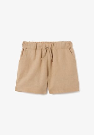 Shorts en lin beige avec une taille élastique, un cordon de serrage et des poches latérales. Coupe droite, tissu texturé, design décontracté.