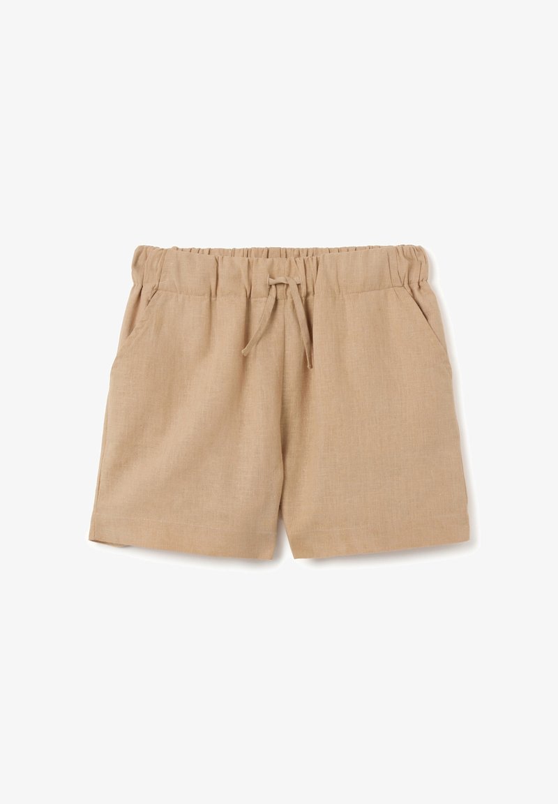 Beige linnen shorts met een elastische tailleband, trekkoorddetail en zijzakken. Rechtaf gesneden, geweven stof, casual ontwerp.