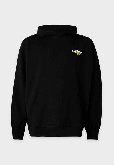 Sweat à capuche noir avec petit texte blanc et logo visage souriant jaune sur la poitrine gauche, manches longues et poche avant.