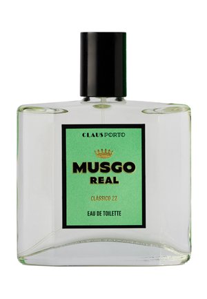 Klare rechteckige Glasflasche mit schwarzem Verschluss, grünem Etikett mit der Aufschrift "Musgo Real Clássico 22 Eau de Toilette" von Claus Porto.