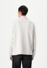 Light gray sweatshirt with a collar, ribbed cuffs, and a relaxed fit. Back view reveals a smooth texture and a slightly curved hem.