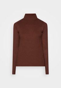 Brun ribbade polo-tröja gjord av stickat tyg, med långa ärmar och en åtsittande silhuett, samt en hög, tajt krage.