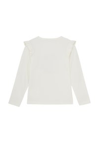 Weißes Langarmshirt mit Rüschendetails an den Schultern. Aus weichem Baumwollstoff, mit einfachem Rundhalsausschnitt und geradem Saum. Keine sichtbaren Muster oder Grafiken.