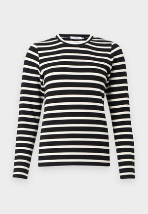 Long-sleeve black and white horizontal striped knit top with round neckline and fitted silhouette.
