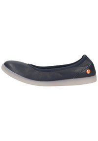 Ballerine in pelle blu con punta arrotondata e bordino elastico. Presentano una suola in gomma bianca e un piccolo logo arancione sul tallone.