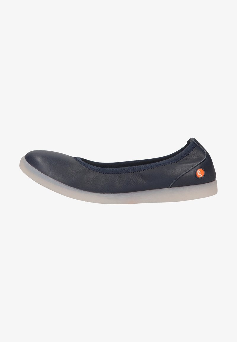 Ballerine in pelle blu con punta arrotondata e bordino elastico. Presentano una suola in gomma bianca e un piccolo logo arancione sul tallone.