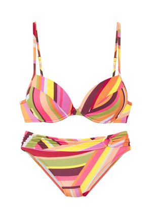 Zweiteiliger Bikini mit mehrfarbigen diagonalen Streifen in Pink, Orange, Gelb, Grün und Braun, mit gepolsterten Cups und einem Ringdetail am Höschen.