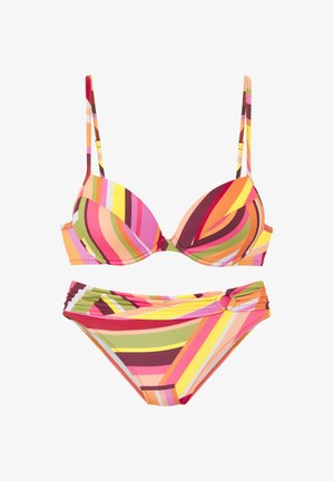 Zweiteiliger Bikini mit mehrfarbigen diagonalen Streifen in Pink, Orange, Gelb, Grün und Braun, mit gepolsterten Cups und einem Ringdetail am Höschen.