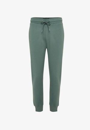 Pantalones de algodón verdes con cintura ajustable con cordón, piernas cónicas y puños acanalados, que ofrecen una textura suave y cómoda.