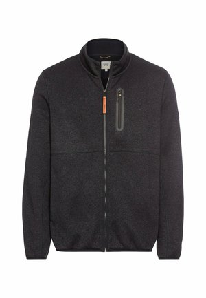 Fleece zip-up jacket in dark gray with a high collar, zippered chest pocket, and contrasting orange zipper pull. Smooth texture, casual design.