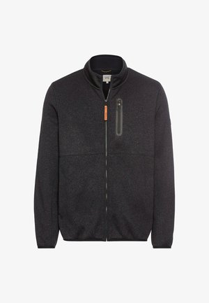 Fleece zip-up jacket in dark gray with a high collar, zippered chest pocket, and contrasting orange zipper pull. Smooth texture, casual design.