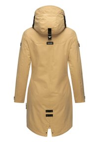 Yellow waterproof coat with a hood, black accents, zippered pockets, and adjustable cuffs. Features a sleek, straight design and rear vent.