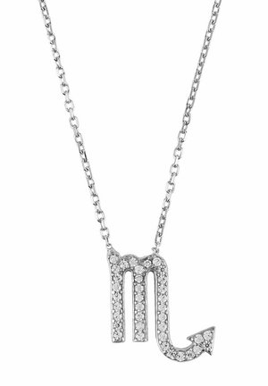 Silver chain necklace with a Scorpio symbol pendant adorned with clear crystals, featuring a curved arrow at the lower end.