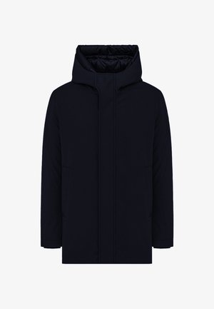 Marineblaue Kapuzensjacke mit Reißverschluss, zwei seitlichen Taschen und einem glatten Außenmaterial. Isolierte Innenauskleidung für Wärme.